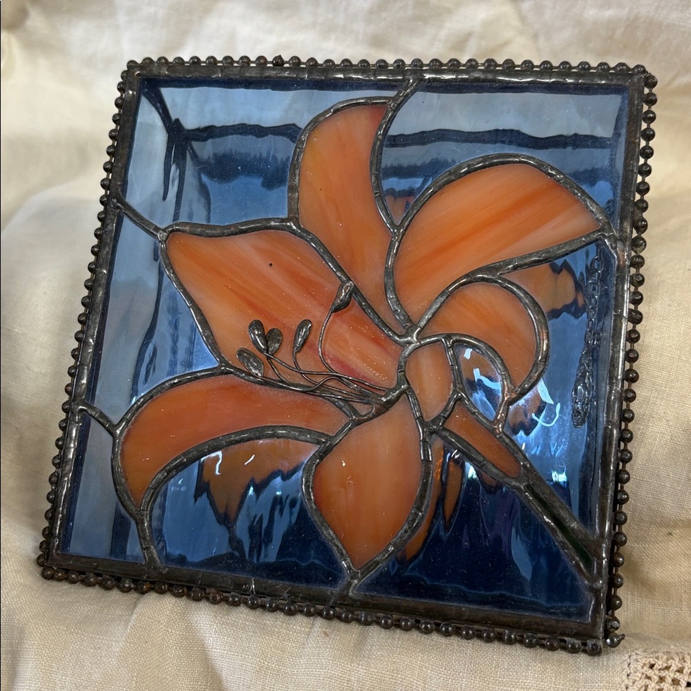 Blue and Orange Stained Glass Floral Decorative Box - Picture 4 of 4